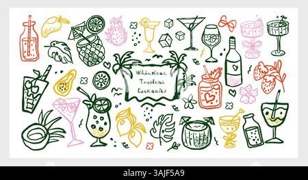 Skurrile tropische Cocktails handgezeichnetes Vektorset mit Sommergetränken, Früchten und süßen Doodles. Lebendige und unterhaltsame Kollektion für Aufkleber, Karten und Drucke Stock Vektor
