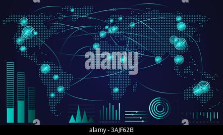 Digitale Karte mit leuchtenden Knoten und Linien, die Datenpunkte global verbinden, umgeben von Balkendiagrammen und Kreisanzeigen. Stock Vektor
