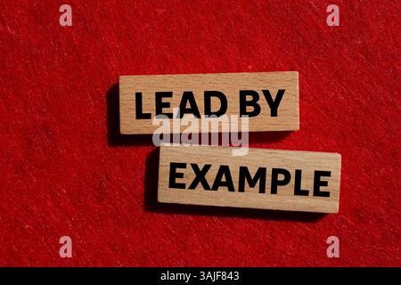 Führen Sie eine Beispielmeldung auf Holzblöcken auf rotem Hintergrund durch. Konzeptuelle Führung durch Beispielsymbol. Kopierbereich. Stockfoto