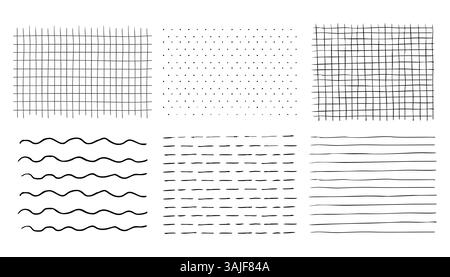 Quadratische, handgezeichnete Linien, Notizbuchraster und Streifenmuster. Geometrisches Netz, Kreide- oder Buntstift-Strich kritzeln. Vektorabbildung Stock Vektor