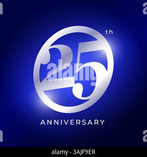Elegantes Logo-Design zum 25. Jahrestag mit silberner Metallic-Nummer auf blauem Hintergrund. Luxusfeier-Emblem Für Veranstaltung, Firmengeburtstag, Meilenstein Stock Vektor