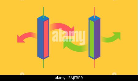 Zwei grüne und rote Kerzendiagramme mit Pfeilen, die in entgegengesetzte Richtungen zeigen. Minimales Marktplatzkonzept. Stock Vektor