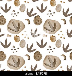 Nahtloses Muster mit Fossilien. Dinosaurier-Fußabdrücke. Reptilieneier. Steine und Kieselsteine. Aquarellabbildung ohne Hintergrund. Handgezeichnet. Zähne Stockfoto