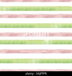 Nahtloses Streifen-Muster mit geometrischen Aquarellen. Pastellgrüner und rosafarbener Grunge-Linien Hintergrund, abstrakte geometrische Clipart für Textil, Stoff, Tapeten Stockfoto