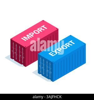 Isometrische Frachtcontainer, farbig auf weißem Hintergrund, Import und Export Stock Vektor