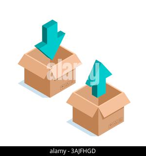 Isometrischer Satz offener Kartons mit Aufwärts- und Abwärtspfeilen, in Farbe auf weißem Hintergrund, Be- und Entladen sowie Arbeiten mit Paketen Stock Vektor