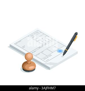 Isometrischer Vektorstapel von Papierformularen mit Stempel und Stift, in Farbe auf weißem Hintergrund, Ausfüllen eines Formulars oder einer Rechnung Stock Vektor