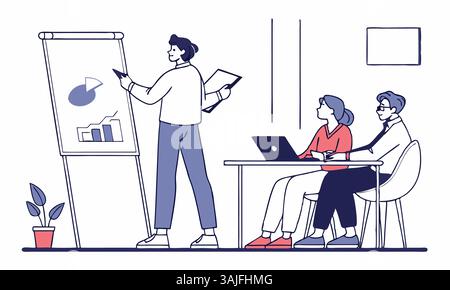 Abbildung eines Business-Teams, das Diagramme in einem Besprechungsraum mit einer Anlage und moderner Einrichtung analysiert. Stock Vektor