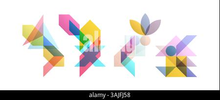 Abstraktes geometrisches Design. Vektordarstellung aus verschiedenen überlappenden Elementen. Gilt für Banner, Plakate, Poster, Flyer. Stock Vektor