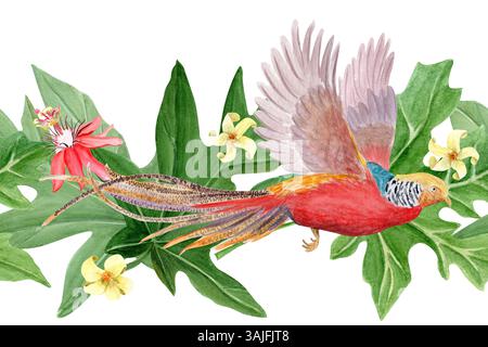 Fliegende goldene Fasane, tropische Blätter, weiße und rote Blumen nahtlose Grenze. Handgezeichneter Regenwald Natur isoliertes Clipart, Skizzenstil Stockfoto