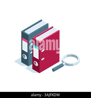 Isometrische Ordner mit Dokumentation und Lupe, in Farbe auf weißem Hintergrund, arbeiten mit Dokumenten oder Büromaterial und statistischen Daten Stock Vektor
