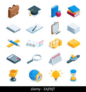 Isometrischer Satz von Symbolen zum Thema Bildung und Studium in Farbe auf weißem Hintergrund, eine Junggesellenmütze mit Büchern und ein Taschenrechner Stock Vektor