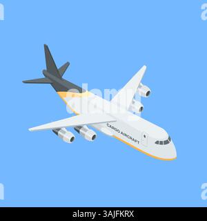 Isometrische Vektor-Frachtflugzeuge, in Farbe auf blauem Hintergrund, Transport oder Lieferung von Gütern auf dem Luftweg Stock Vektor