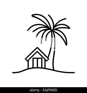Umreißen Sie die Legende des Strandhauses. Tropisches Inselresort mit Palme, Urlaubskonzept. Vektorzeichen mit dünner Linie, schwarz-weiß-Farben Stock Vektor