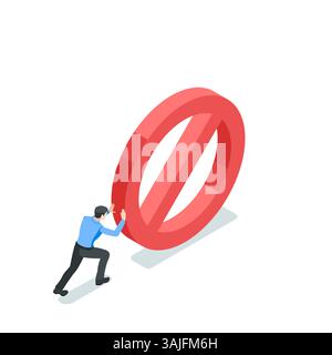 Geschäftsmann mit isometrischem Vektor, der ein großes Verbotsschild in Farbe auf weißem Hintergrund drückt, ein Problem löst oder Hindernisse entfernt Stock Vektor
