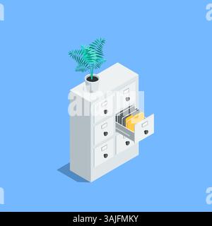 Isometrischer Archivschrank mit einziehbarem Regal und einer Blume auf der Oberseite, in Farbe auf weißem Hintergrund, Büromöbel oder Arbeiten mit Dokumenten in Stock Vektor