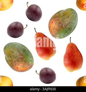 Frische Früchte: Mango, Birne, Nektarine, Pflaume, isoliert auf weißem Hintergrund nahtloses Muster. Stockfoto