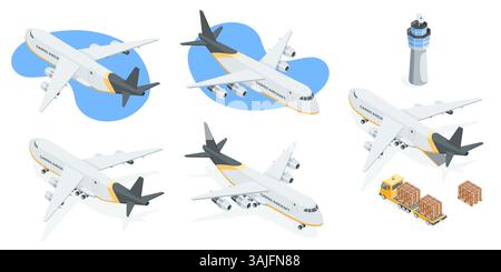 Isometrischer Vektorsatz des Frachtflugzeugs, in Farbe auf weißem Hintergrund, Transport oder Lieferung von Gütern auf dem Luftweg Stock Vektor