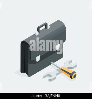 Aktenkoffer und Werkzeuge für isometrische Vektoren, in Farbe auf weißem Hintergrund, Einrichtung oder Reparatur Stock Vektor