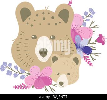 Mama und Baby Bären, Kopf mit Blumen, Vektor-Karikaturillustration Stock Vektor