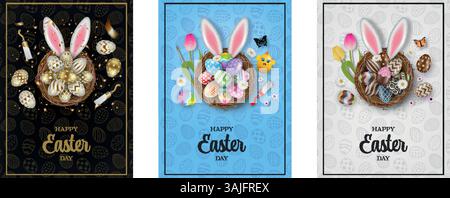 Set mit osterkarten mit Korb, Gießkanne, Schokoladenkaninchen und bunten Eiern Stock Vektor