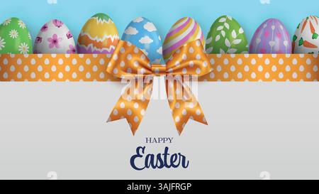 osterbanner mit orangefarbener Schleife und Schleife mit Eiermuster, Happy easter Card mit bunten Eiern und Schleife Stock Vektor