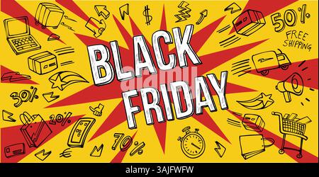 Horizontaler Hintergrund mit Black Friday-Elementen. Bunte Explosionseffekt-Hintergrund-Vektor-Illustration im Doodle-Stil. Stock Vektor