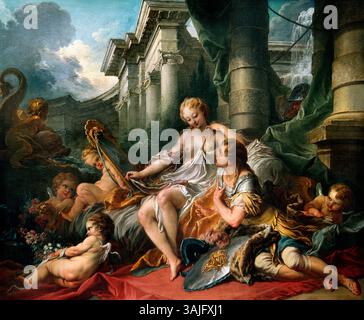 Renaud et Armide - Rinaldo und Armida - Francois Boucher 1703–1770 France French , Louvre Paris, Fine Art Museum, Frankreich ( die Geschichte von Rinaldo und Armida stammt aus dem Epos Gerusalemme Liberata (1570) des italienischen Dichters Torquato Tasso. Die Geschichte spielt während des Ersten Kreuzzugs und dreht sich um die Ritter, die für die Befreiung Jerusalems von den Heiden kämpfen. Rinaldo ist einer der tapferen Kreuzritter, während Armida eine bezaubernde heidnische Prinzessin ist. Stockfoto