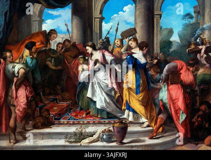 Salomon und die Königin von Saba - Salomon et la reine de Saba 1728 Nicolas VLEUGHELS 1668-1737 France French, Louvre Paris, Fine Art Museum, Frankreich, ( Königin von Saba wird oft als Königin aus dem Königreich Saba beschrieben, das sich vermutlich im heutigen Äthiopien oder im Süden Arabiens befindet. In der Bibel besucht die Königin von Saba König Salomo in Jerusalem, um seine Weisheit und seinen Reichtum zu testen. Sie stellt ihm mehrere Fragen, und nachdem er ihre Fragen überzeugend beantwortet hat, schenkt sie ihm Geschenke. Ihr Besuch wird oft als Symbol für die Verbreitung von Wissen und Reichtum angesehen. Stockfoto