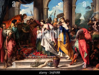 Salomon und die Königin von Saba - Salomon et la reine de Saba 1728 Nicolas VLEUGHELS 1668-1737 France French, Louvre Paris, Fine Art Museum, Frankreich, ( Königin von Saba wird oft als Königin aus dem Königreich Saba beschrieben, das sich vermutlich im heutigen Äthiopien oder im Süden Arabiens befindet. In der Bibel besucht die Königin von Saba König Salomo in Jerusalem, um seine Weisheit und seinen Reichtum zu testen. Sie stellt ihm mehrere Fragen, und nachdem er ihre Fragen überzeugend beantwortet hat, schenkt sie ihm Geschenke. Ihr Besuch wird oft als Symbol für die Verbreitung von Wissen und Reichtum angesehen. Stockfoto