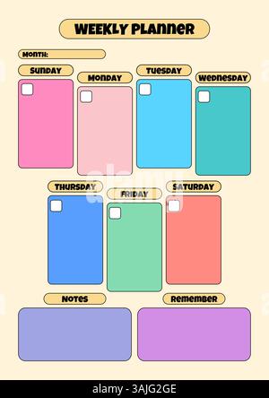 Eine lebendige, vertikale Planervorlage im Cartoon-Stil mit leeren Kontrollkästchen zum Hinzufügen von Daten, Notizen und Erinnerungen für eine bessere Organisation. Stock Vektor