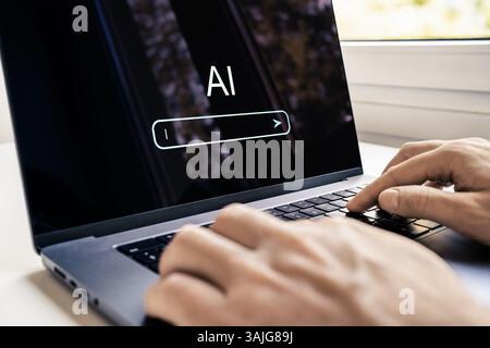 Generieren Sie Inhalte mit AI Prompt. Text- oder Bildgenerator im Laptop. Suchmaschine für künstliche Intelligenz. SEO-Technologie-Tool für die Website. Stockfoto