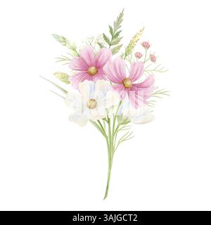 Aquarell Wildblumen Blumenstrauß in Pastellfarben Aquarell isolierte Illustration. Rosafarbene und weiße Kosmos-Blüten mit grünem Gras. Blumenmuster Sommer und Stockfoto