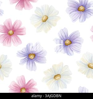 Nahtloses Muster in weißen, pastellrosa und lila Wildblumen. COSMOS Gartenblumen handgezeichnet floraler Hintergrund in schlichtem Stil für Mädchen Stockfoto