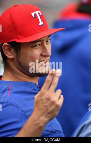 Juni 2017: Die Texas Rangers starten den Pitcher Yu Darvish (11) im Dugout während eines Spiels zwischen den Houston Astros und den Texas Rangers im Globe Life Park in Arlington, Texas. Manny Flores/CSM Stockfoto