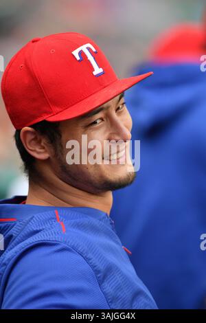 Juni 2017: Die Texas Rangers starten den Pitcher Yu Darvish (11) im Dugout während eines Spiels zwischen den Houston Astros und den Texas Rangers im Globe Life Park in Arlington, Texas. Manny Flores/CSM Stockfoto