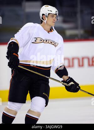 11. Februar 2011 - Calgary, Alberta, Kanada - Foto des NHL-Spielerprofils von Anaheim Ducks' Luca Sbisa aus Italien während eines Spiels in Calgary. (Foto: © Larry MacDougal via ZUMA Wire) Stockfoto