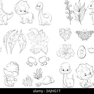 Nahtloses Vektor-Muster - Baby-Dinosaurier mit tropischen Blättern und Blumen. Dino Ei. Clipart für Babyduschen, Kinderzimmer, Aufkleber, Drucke mit historischen Elementen Stock Vektor