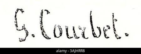 Die Unterschrift Gustave Courbets, die auf seinem Stillleben-Gemälde Pommes et Granades (F 773) gefunden wurde, zeugt von seinem Werk von 1871. Courbet war ein Pionier des Realismus in der Kunst. Stockfoto