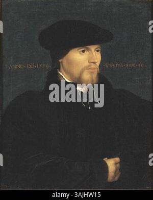 Dieses Gemälde, das einem Anhänger Hans Holbeins des Jüngeren zugeschrieben wird, zeigt einen Mann in schwarzer Kleidung, möglicherweise Sir Richard Cromwell. Das Porträt enthält eine Inschrift mit dem Jahr 1539 und seinem Alter, die die historische Genauigkeit des Kunstwerks symbolisiert. Stockfoto