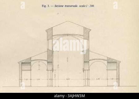TAV I Abb. 3 zeigt einen Querschnitt der Pfarrkirche St. Vincent vor 1884 im Maßstab 1:200, wobei die im Restaurierungsprozess erhaltenen strukturellen Elemente hervorgehoben werden. Diese Zahl ist Teil eines laufenden Projekts zur Erhaltung der Kirche im Aostatal. Stockfoto