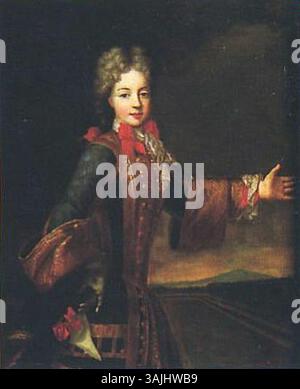 Dieses Porträt aus dem 18. Jahrhundert, das auf Pierre Goberts Arbeit basiert, zeigt Marie Adélaide von Savoyen, Herzogin von Burgund, in Jagdkleidung gekleidet. Für das Musée de la Vènerie gemalt, hebt es ihre Rolle als Mutter Ludwigs XV. Und als prominente Figur am französischen Hof hervor. Stockfoto