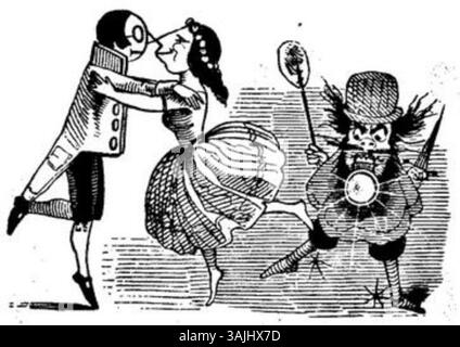 Diese Illustration, ebenfalls aus der Ausgabe der Fliegenden Blätter von 1846, bietet weitere satirische Einblicke in das soziale und politische Klima Deutschlands Mitte des 19. Jahrhunderts. Stockfoto