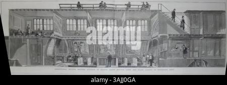 Diese Abbildung aus dem Jahr 1874 zeigt einen Längsschnitt des neuen Bessemer Saloon Steamer mit Details zum Innenraum des Salons, einer privaten Damenkabine und einer Treppe, die zum Promenadendeck führt. Das Design spiegelt die Innovationen im Dampfschiffbau wider. Stockfoto