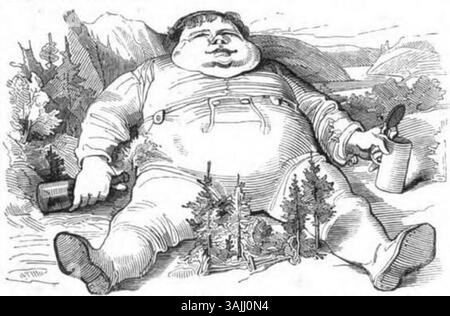 Diese Illustration aus Fliegende Blätter (Band 1, Ausgabe 23, Seite 183) aus dem Jahr 1845 zeigt eine historische Szene, die typisch für den satirischen Stil der Publikation ist. „Fliegende Blätter“ war eine populäre deutsche Illustrationszeitschrift, die für ihre kulturellen und sozialen Kommentare bekannt ist. Stockfoto