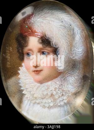 Dieses Ölmedaillon von Nicolas Jacques zeigt Emilie de Beauharnais, die Gräfin de Lavalette, eine französische Hofbeamtin und Hofdame der Kaiserin Joséphine. Das Porträt unterstreicht ihren Status in der französischen Aristokratie des frühen 19. Jahrhunderts. Stockfoto