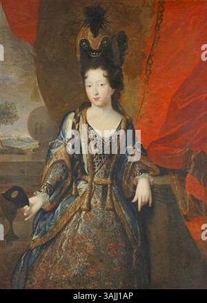 Dieses Gemälde aus dem 17. Jahrhundert, nach der Art von Pierre Mignard, zeigt eine unbekannte Frau in königlicher Kleidung, möglicherweise die Herzogin von Burgund. Das Öl auf Leinwand Porträt unterstreicht ihren edlen Status und ihr modisches Kostüm. Stockfoto