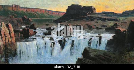 Edward Espeys „Shoshone Falls“, gemalt um 1885, zeigt die natürliche Pracht der Wasserfälle in Idaho, USA. Die Landschaftsmalerei fängt das fließende Wasser und die Umgebung in lebendiger Detailtreue ein. Stockfoto