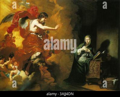 Gerard de Lairesses Gemälde „Verkündigung“, entstanden zwischen 1668 und 70, ist ein Öl auf Leinwand, das eine religiöse Szene zeigt, in der der Erzengel Gabriel die Geburt Christi an die Jungfrau Maria ankündigt. Das Gemälde spiegelt den barocken Stil mit seinen detaillierten Figuren und der dramatischen Beleuchtung wider. Stockfoto
