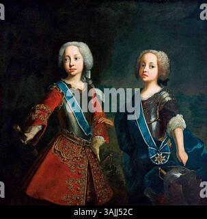 Porträt von Maximilian III. Josef, Kurfürst von Bayern, und seinem Bruder Joseph Ludwig von Bayern. Dieses Gemälde aus dem 18. Jahrhundert stellt die beiden königlichen Figuren als mächtige junge Männer dar, die in zeremonieller Kleidung gekleidet sind und ihren edlen Status symbolisieren. Stockfoto
